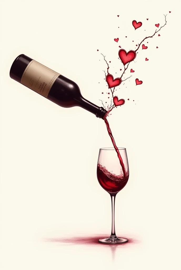 A couple tattoo design showing a tilted wine bottle, pouring red wine into a glass. The wine flows elegantly from the bottle, and some splashes in the air form small, delicate hearts. The style is realistic with fine and elegant lines.. Hearts formed by sp...