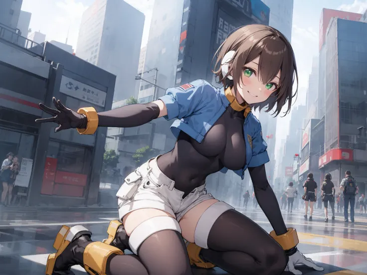 aile_megamanzx, kneeling with one hand on the ground and the other arm raised, 1girl, solo, short hair, brown hair, short sleeve...