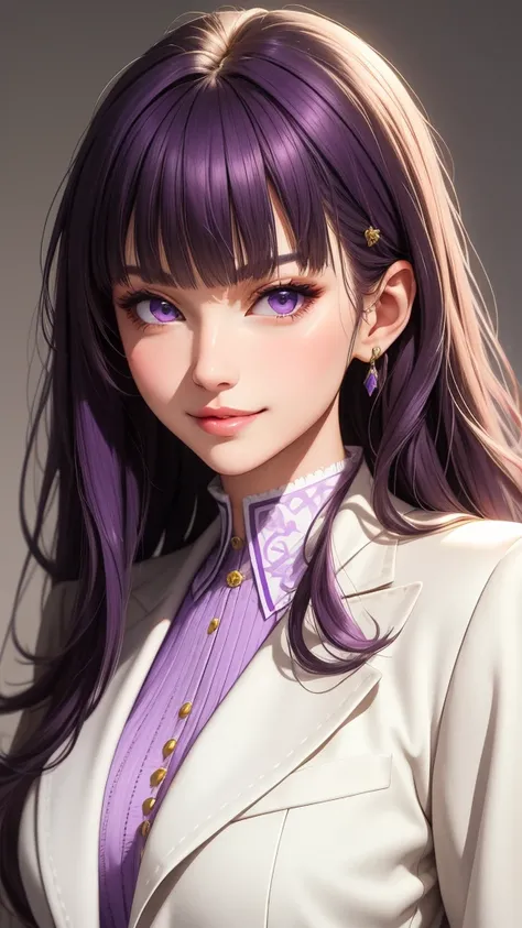 (masterpiece, best quality), intricate details, thin, ((slim)), beautiful girl, purple hair, blunt bangs, light purple eyes, sharp jawline, white coat, long hair, lips, upper body, close up, smirk