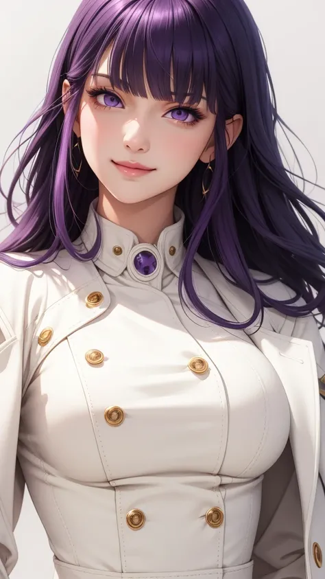 (masterpiece, best quality), intricate details, thin, ((slim)), beautiful girl, purple hair, blunt bangs, light purple eyes, sharp jawline, white coat, long hair, lips, upper body, close up, smirk