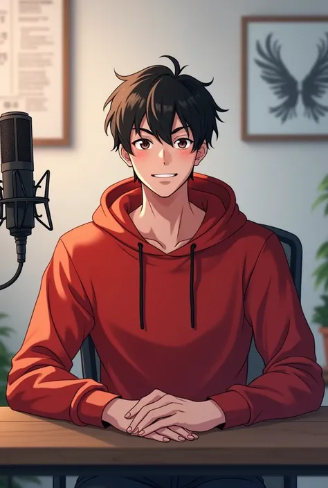 Create a anime boy who have a mature looking like a man facing in front he is a YouTube content creator, sitting in his minimalisttic studio, and there is mic near him, wearing red hoodie, smiling.