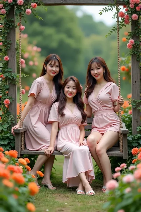 Im taking photos for a new concept album. Please create for me an image of a girl group taking concept photos in a flower garden with a swing