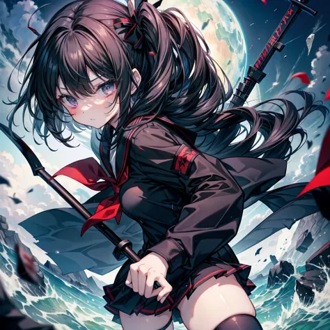 highest quality、Masterpiece、Official Art、The best composition、A high school girl vampire hunter wearing a black sailor uniform、Has the Grim Reaper&#39;s Scythe、Wind、deep focus,absurdres、detailed eyes and face、Blood splatter、Blood is dripping from the scyth...