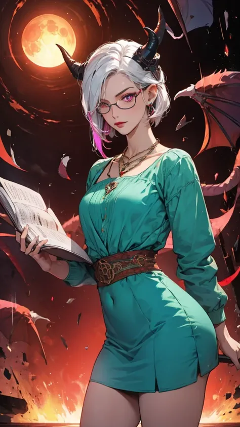 8k, masterpiece, best quality, highly detailed, 1 girl, tiefling, warlock, pixie cut, multicolored hair, very short straight hair red highlight hair on white hair, strippled hair, wearing glasses, round glasses, earrings, navel piercing, red eyeshadow, lon...