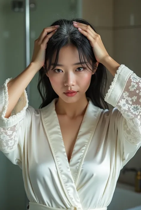 Create an Asian beauty，Wearing a white lace satin bathrobe，Proud and plump figure，Scratching the scalp with both hands，There is a lot of dandruff on the top of the head，The expression is hideous，The characters are realistic and realistic，Bathroom Backgroun...