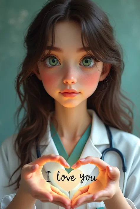 A very beautiful girl with green eyes and dark brown hair who studies medicine called sthef, with a sign in their hands that says: I love you, Oscar