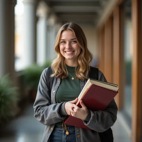 full body happy 25 year old student holding books in college