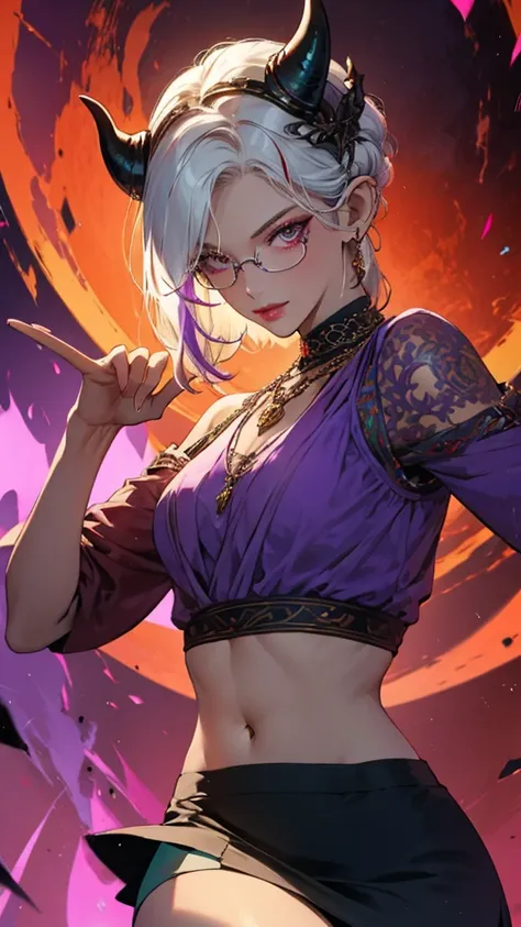 8k, masterpiece, best quality, highly detailed, 1 girl, tiefling, warlock, pixie cut, multicolored hair, very short straight hair red highlight hair on white hair, strippled hair, wearing glasses, round glasses, earrings, navel piercing, red eyeshadow, lon...