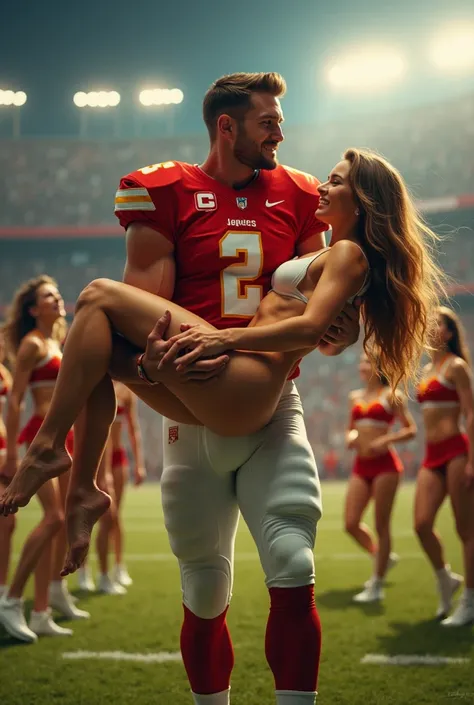 Beautiful completely Naked women being cradle carried by a muscular clean shaven football quarterback. Football player in uniform carrying woman off the ground. Group of cheerleaders in the background.