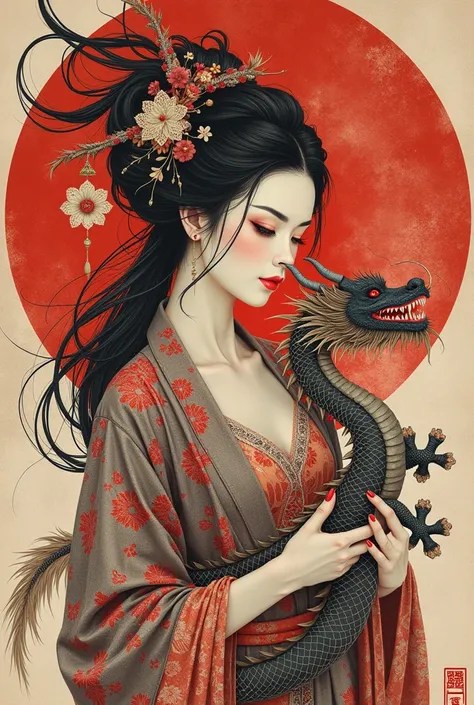 vintage poster of a Chinese woman with a dragon in her arms, in the style of Brian M. viveros, multi-layered compositions, takayuki takeya, uhd image, red and gray, intricate patterns and details,