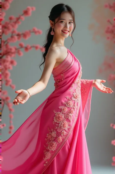 a woman in a pink sari smiles while holding her hands out, fanart, doing an elegant pose, dressed in a pink dress, pretty face!!, maya ali, candid picture, wearing a pink ballroom gown, with an elegant smile, wearing pink floral gown, with a cool pose, * c...