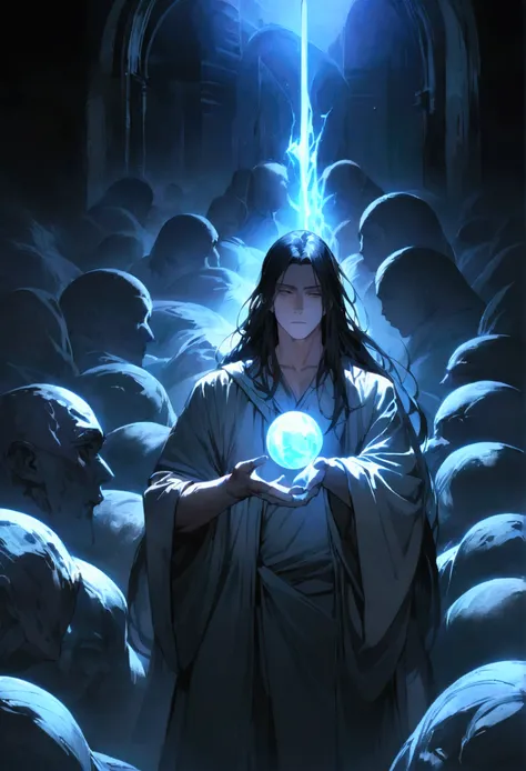 black haired, cold looking man, long hair, majestic features, countless bodies and graves behind him, holding a bloodied sword in his right hand, and a white ball of energy in his other hand.