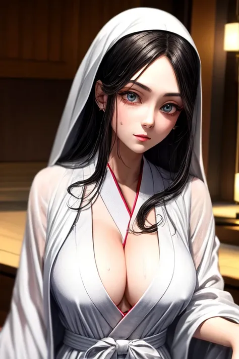 masterpiece, Highest quality,  Unreal Engine,  Super Resolution,  Very detailed, Complex, colorful, Clear images, Sharp focus, Digital Blending, 

Beautiful woman, Mountain village_Sadako, ((Wet white robes)), Erect nipples, ((Pale skin)), (Ghost Woman), B...