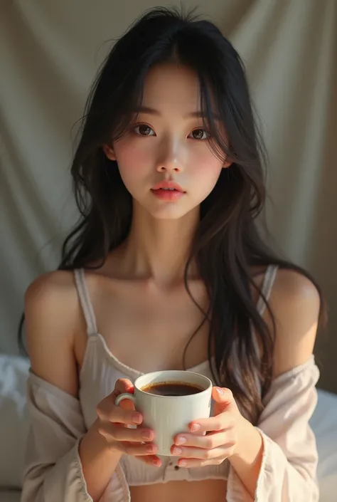 A beautiful Japanese woman in her early 20s with long hair and a sleepy expression in pajamas、Her pajamas are a little open、is holding a coffee cup and drinking a latte、Holding the camera for a selfie、
