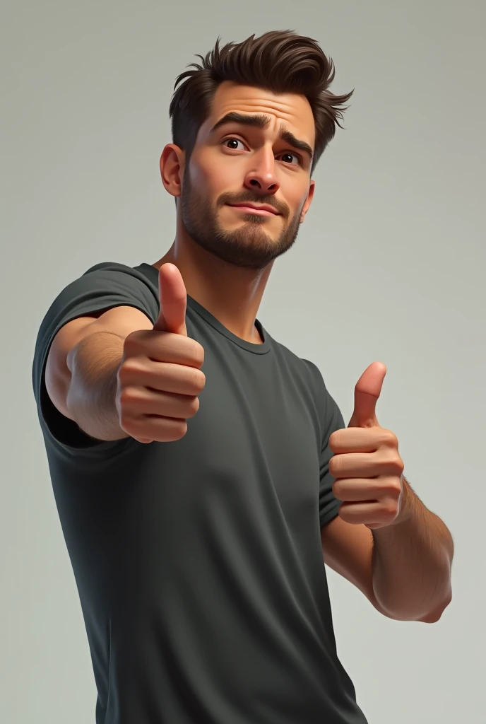 Man Smiling Turning partway from the camera Giving one thumbs down and touching his eyebrow