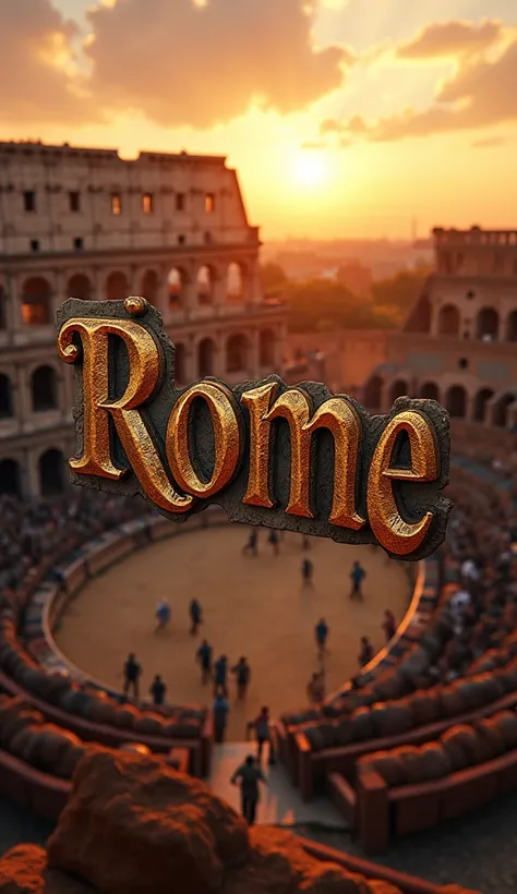 "A cinematic 8K aerial view of the Rome Colosseum at sunset. Gladiators fight in the center of the arena, while the crowd cheers in the stands. In the center of the image, floating above the Colosseum, the word Rome is written in Latin letters old in relie...