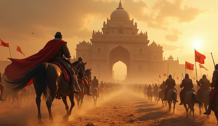 Aladdin Khiljis general Ulugh Khan leading an assault on Somnath Temple, soldiers clashing in front of the temple