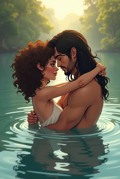 Brunette woman with afro hair and wavy hair hugging a Latino rocker man with waist-length hair and a goatee in a lake.  Anime type More Morenita the woman and the man very long hair
