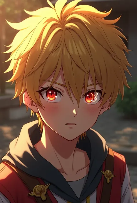 a 18years boy , golden hair , coming towards us , red eyes and a arc symbol in his right eye