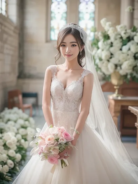 Photo-realistic quality、a woman in a Wedding dress holding a bouquet of flowers、Standing in front of the church、20 year old Japanese model、白のWedding dress,Hanae Mori style wedding dress、Japan idols at 20 years old、lace prom dresses、looking at the camera、De...