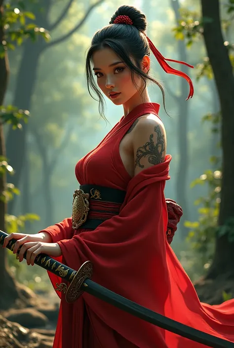 samurai girl,a realism image of a woman with big breast,a woman in a red kimono dress holding a sword in a forest, by Yang J, chengwei pan on artstation, 2. 5 d cgi  fantasy artwork, 4k fantasy art, ross tran 8 k, fanart best artstation, alena aenami and a...