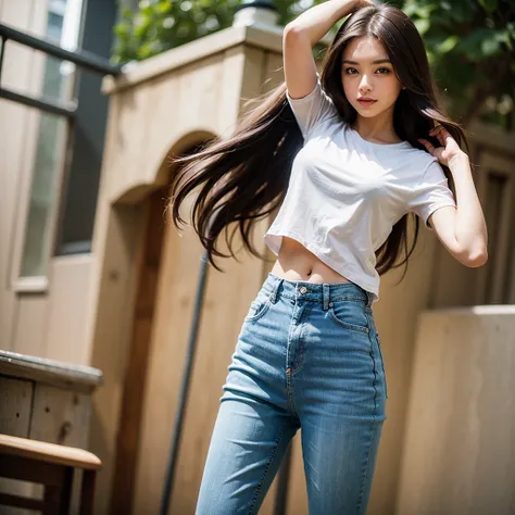 Create one beautiful caucasian girl wtih dark brown wavy long hair and emerald green eyes colour with athletic slim body and had a radiant smile, and wearing white t-shirt and blue denim jean pant