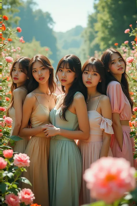 Im taking photos for a new concept album. creating the image of a girl group taking concept photos in a flower garden