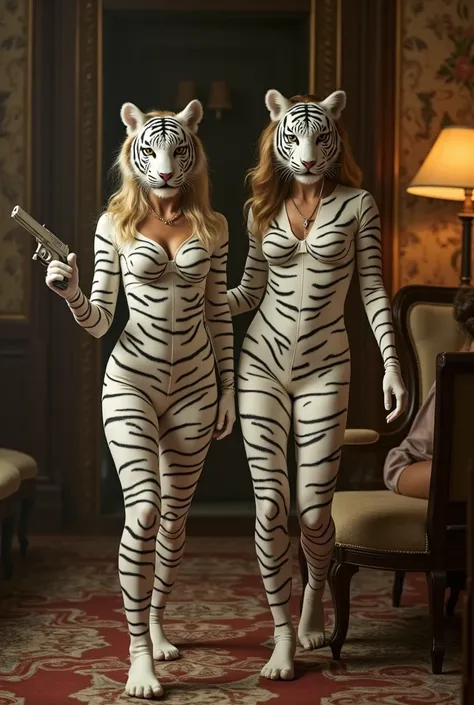 scarlett johansson et natalie portman qui vont un braquage en tenue de tigre blanc et un masque de tigre blanc dans une maison duex pistolet une femme licot à la chaise 