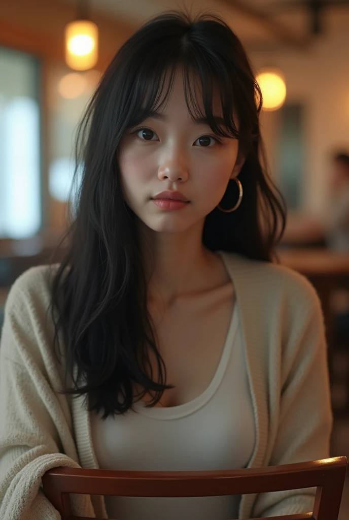 A beautiful Japanese woman in her early 20s with long straight hair、The cardigan is a little open、I&#39;m meeting you at the cafe.、Pulling out a chair to sit down、live-action、
