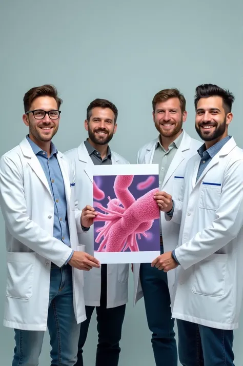 A group of four smiling adult male medical students, wearing white coats, on a neutral background. They are holding a poster or image related to Streptococcus pneumoniae.