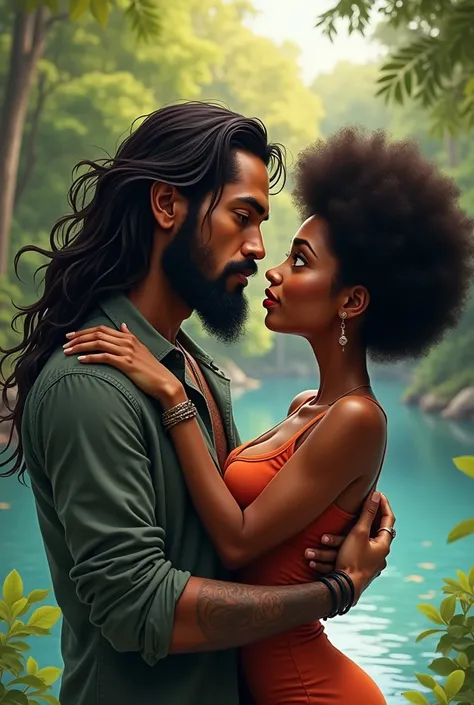 Latin rocker man with a goatee and very long hair, Hugs and looks into the eyes of a woman with dark skin and an afro., with curly wavy hair in a place with a lake and lots of trees. 2d type caricature