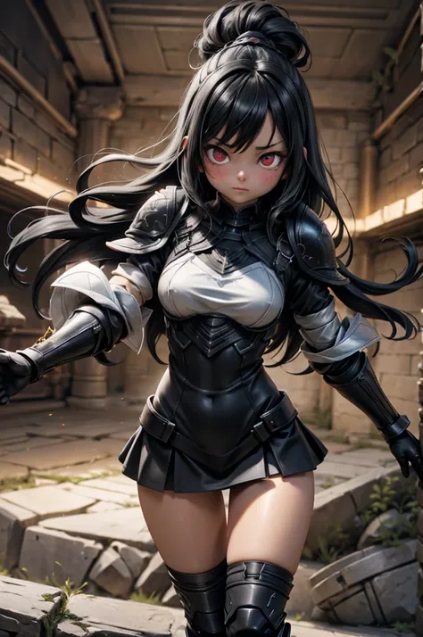 Dark-haired Scandinavian girl wearing half-plate armor and a frilly skirt over a skin-tight black bodysuit, (Long black hair:1.4), Red eyes,Attractive breasts、High resolution (High Dynamic Range), Ray Tracing, NVIDIA, Super Resolution, Scattered under the ...