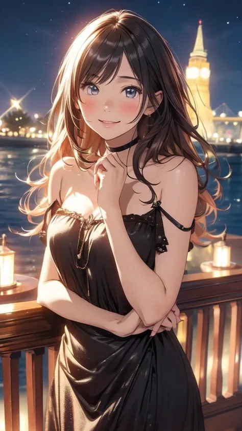 (8k, Highest quality, masterpiece: 1.2), (Realistic, photoRealistic: 1.37), Very detailed, Girl Single, cute, alone, Midnight, Beautifully detailed skies, Detailed Cafe, Sitting, date, (blush), (smile: 1.15), Small breasts (Mouth closed), Beautiful Eyes, F...