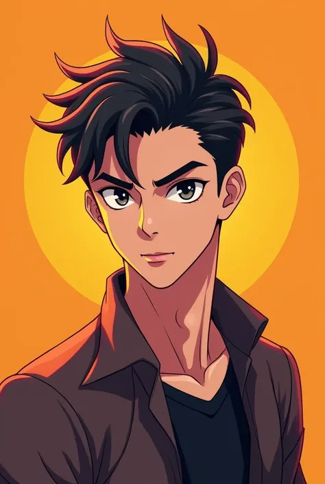 Make a handsome boy anime, background color is light orange, for gaming logo.