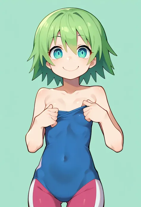 score_7_up, 1girl, solo, squinting_eyes_smile, hair_over_one_eye, mizura, green hair, small breasts, 