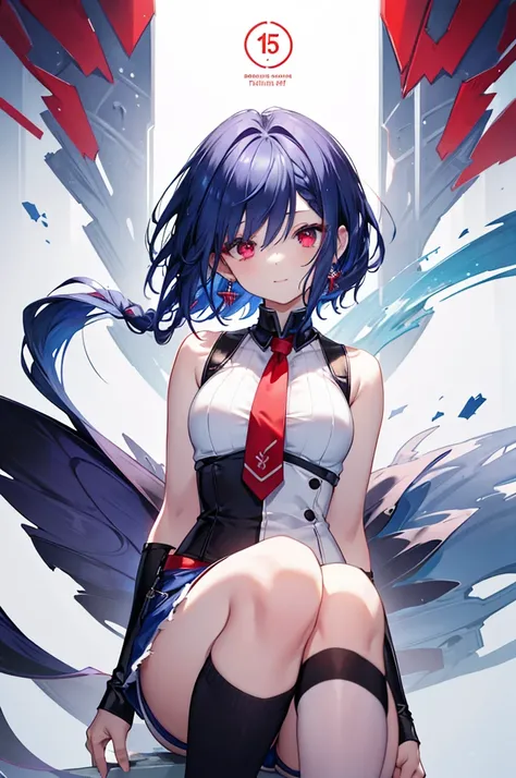 {{masterpiece}}, The best quality of life, 、((short indigo hair、Deep blue hair)Braided Hair) 、 Cute female, 、One woman、(((Crimson Eyes、Red eyes、Red　eyes)))、Expressionless adult woman、((White background))、small but well-shaped breasts,、(((Sleeveless with wh...