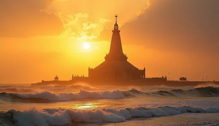 Modern-day Somnath Temple at sunrise, with golden rays illuminating the temple spire and waves crashing on the shore.