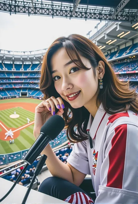 A packed crowd and the field during a professional baseball game、Set up a mini microphone stand、