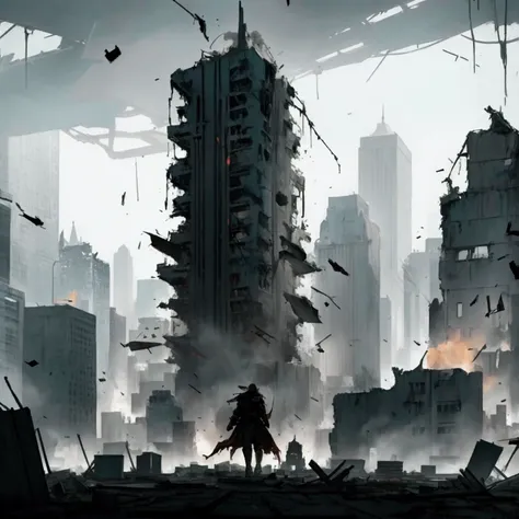 The screen fades in from black, revealing a desolate New York City after a fierce battle. As the camera moves across the scene, the destruction becomes apparent, with the iconic Avengers Tower lying in ruins. This detailed painting captures the chaos and d...