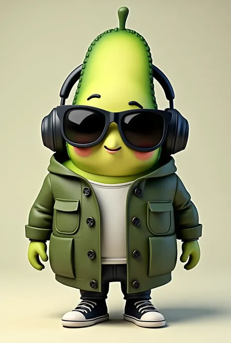 Avocado with black lens glasses,headphones and clothes