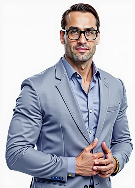 Title: "ATTENDANT" center image: YouTube Presenter. asian man, 35 year old, beautiful and elegant, wear uniform, Suit, handsome masculine and muscular, muscles look good, strong body with fair skin, (thin blue eyes 1.3), full body photo on the floor (ultra...