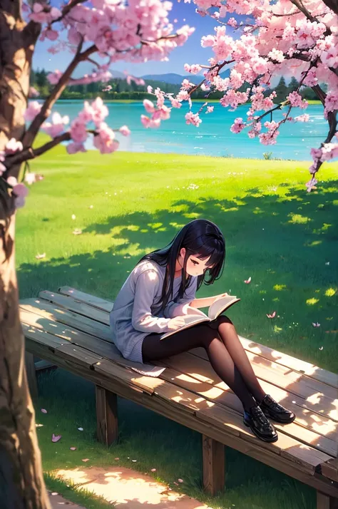 Girl reading a book by the lake, Bright colors, spring, Willow Branch, comfortable, Warm sunshine