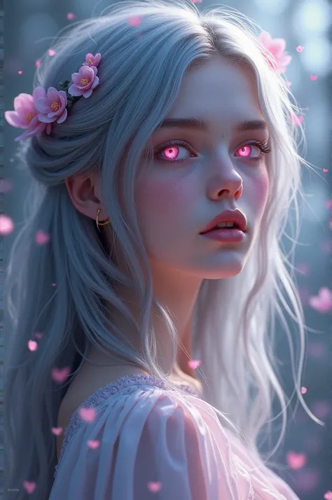 A girl with long gray hair and pink eyes