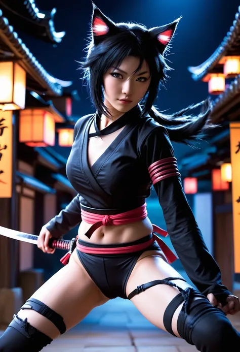 monster girl, cat ear,20th generation,realistic women, black hair,cute,ninja,kunoichi,night,no weapons