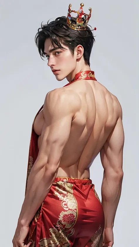 a male, big butt, big breast , wearing a crown, filler-lips , short black male style hair, wear a sexy Chinese clothes, show off his big breast, simple background
