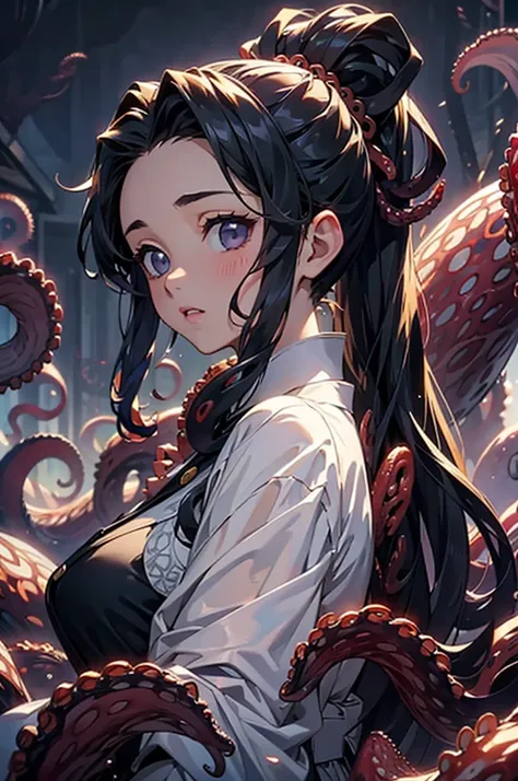 (((beautiful))), (((kimono, One Woman, from front, Fighting Pose, Attacked by a tentacle creature))), ((Black Hair, parted bangs, forehead, Long Hair, ponytail, hair ornaments, Chubby)), Large Breasts, Huge Saggy Tits, Glowing Skin, Wet Skin, (((Intricate ...