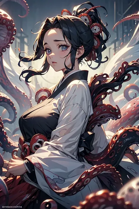 (((beautiful))), (((kimono, One Woman, from front, Fighting Pose, Attacked by a tentacle creature))), ((Black Hair, parted bangs, forehead, Long Hair, ponytail, hair ornaments, Chubby)), Large Breasts, Huge Saggy Tits, Glowing Skin, Wet Skin, (((Intricate ...