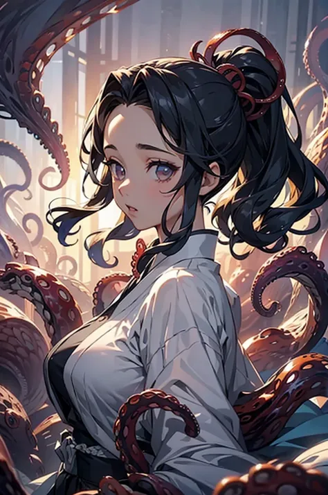 (((beautiful))), (((kimono, one woman, from front, fighting pose, attacked by a tentacle creature))), ((black hair, parted bangs...