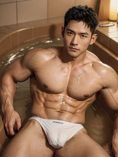 (((short hair)))，寸头short hair，Two bits(((40 years old Japanese handsome muscular bodybuilder with stubble lying in bathtub))), blush，(((Painful expression)))，Sweaty，very handsome, Perfect facial features, No clothes, Armpit Hair, Pure black background, Fit...