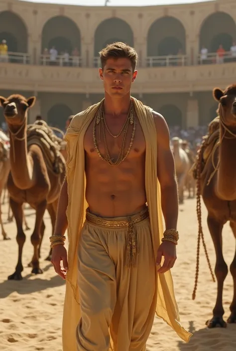 Young handsome cute white skin smooth skinny beautiful face shirtless In the Arena decert dressed in golden Arab clothing with a camel